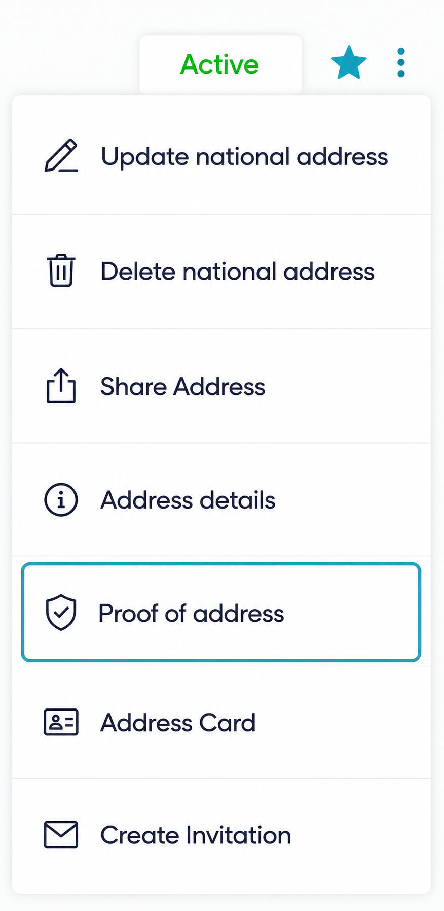 SPL menu showing the three dots next to the Active button with 'Proof of address' selected